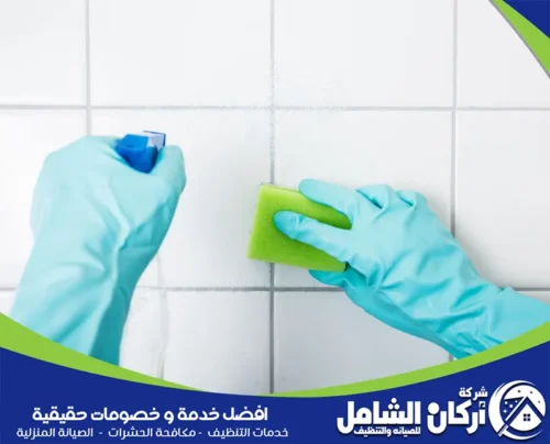 تنظيف فواصل السيراميك بدقة لإظهار نتائج نظيفة ومتجانسة ضمن خدمات تنظيف الجدران البيضاء والأوساخ.